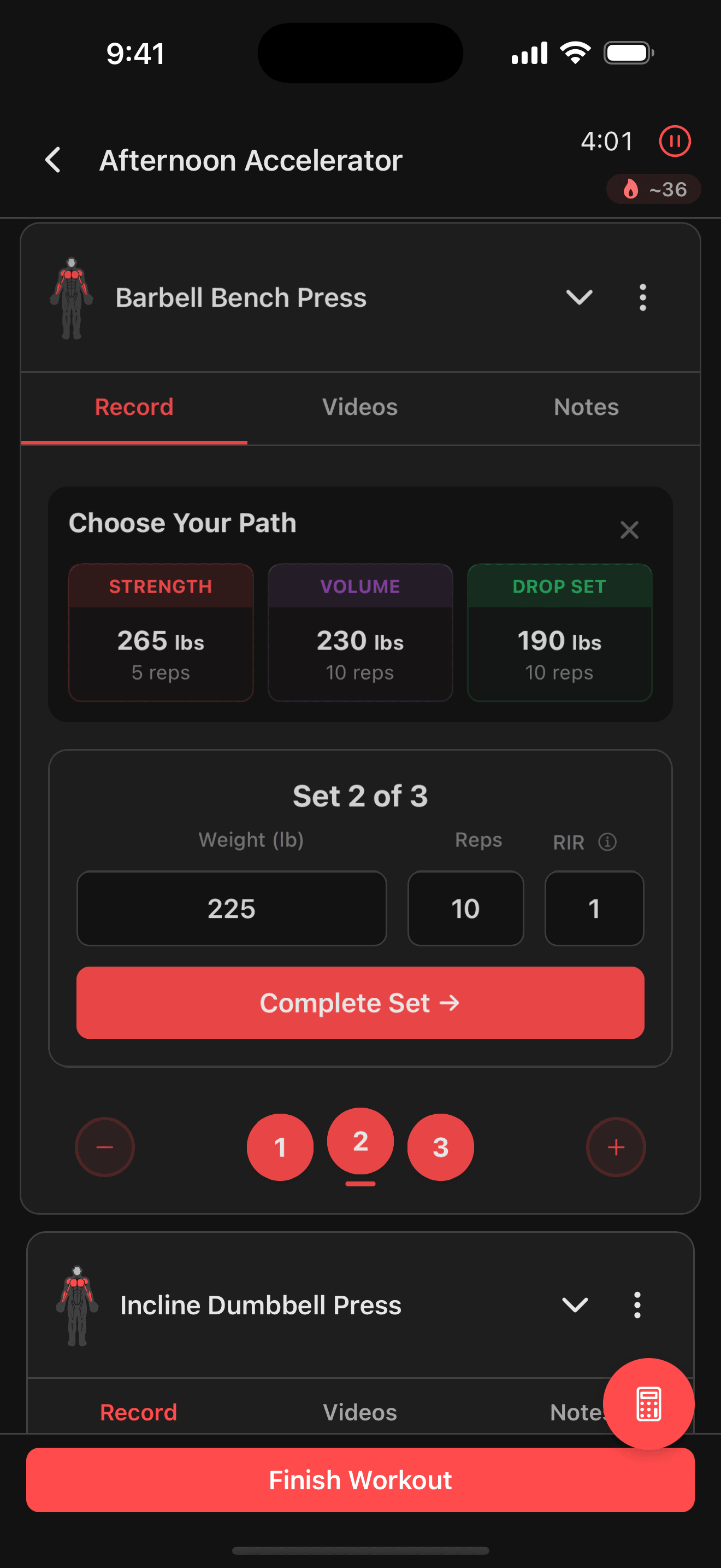 Active workout session showing live strength training
