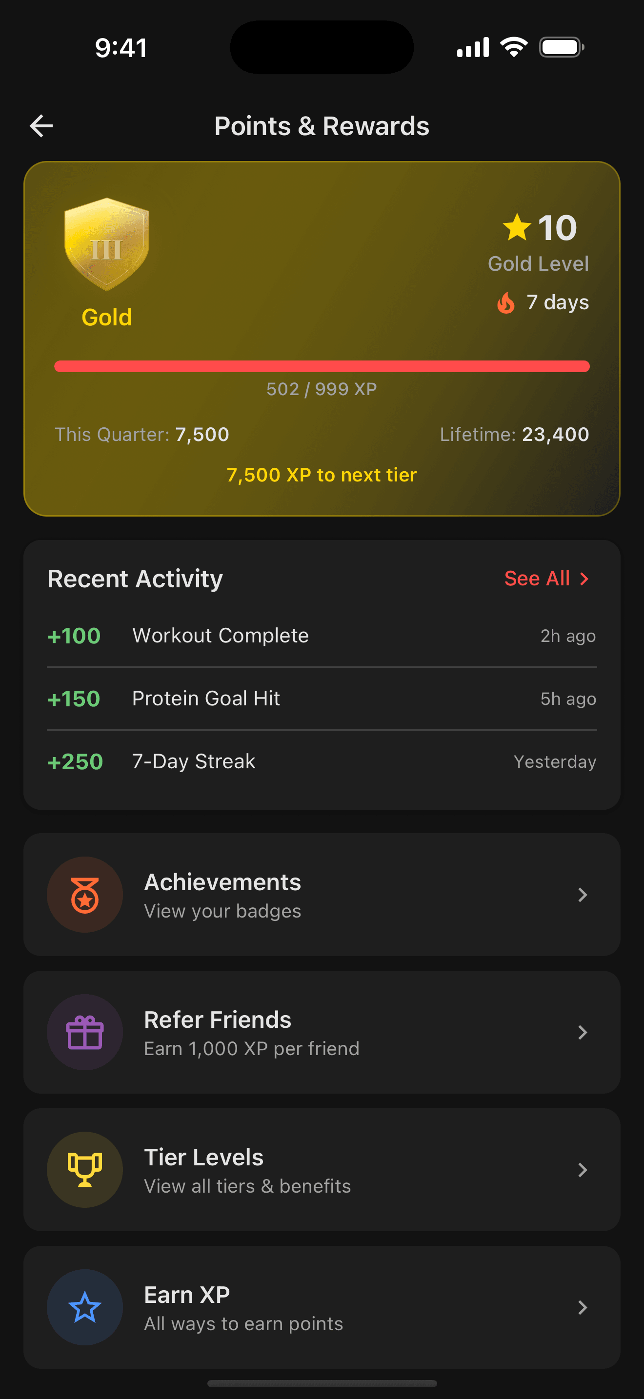 Points and XP Hub showing tier progress and rewards